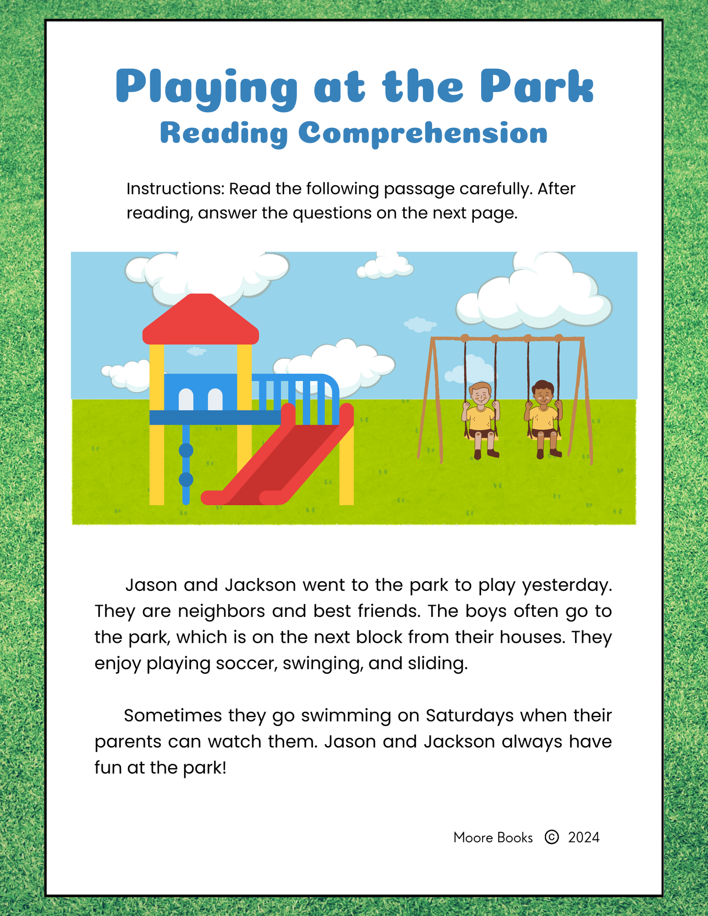 Reading Comprehension Worksheet - Playing at the Park